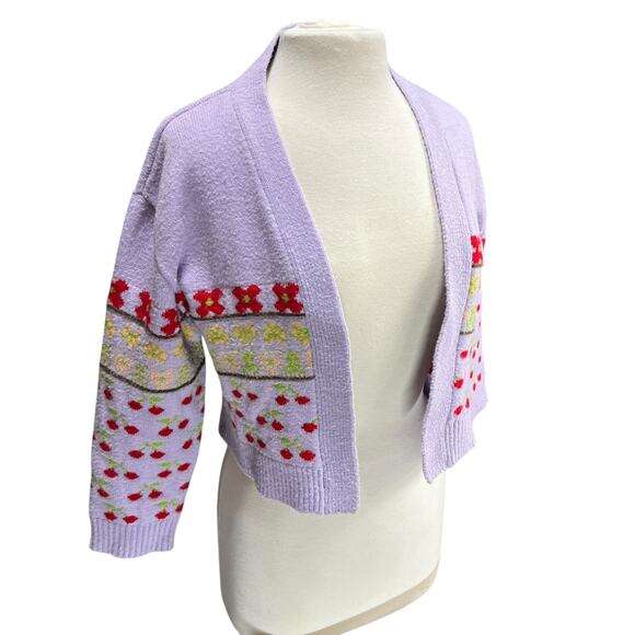 ZARA Womens Cropped Jacquard Knit Cherry Cardigan Sz M Sweater Cottage Coquette - Picture 2 of 11